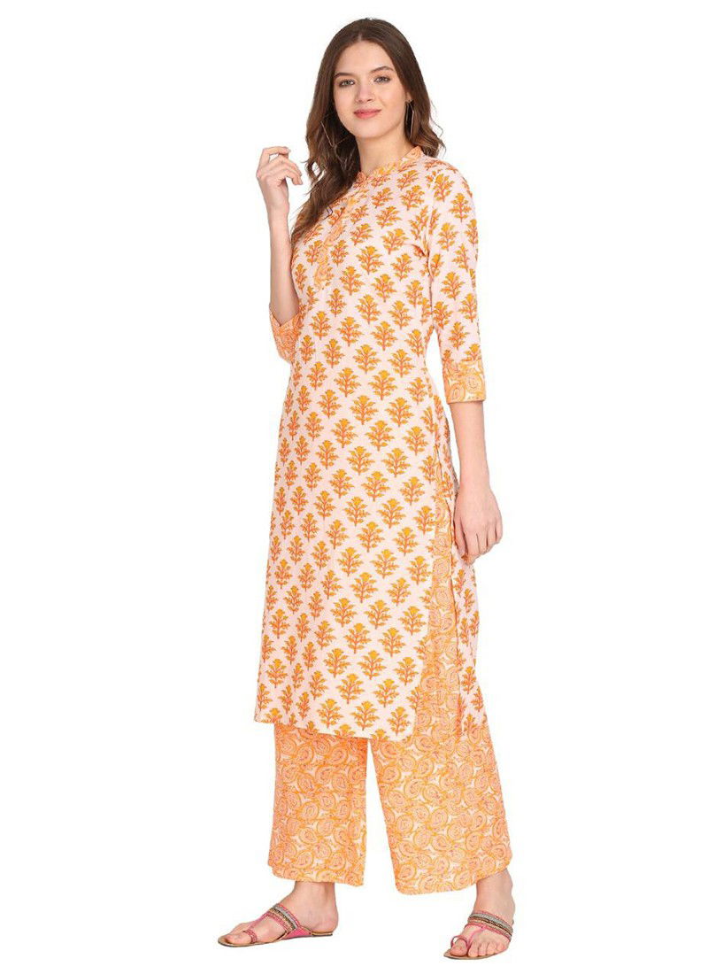 White And Orange Colour Latest Fancy Designer Ethnic Regular Wear Cotton Printed Kurti And Palzzo Collection 109